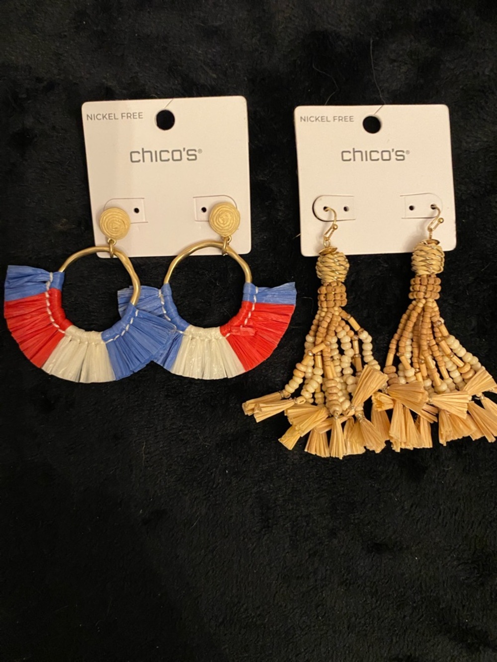 Chico's Patriotic Raffia Hoop drop Earrings and Beaded Seagrass Dangles